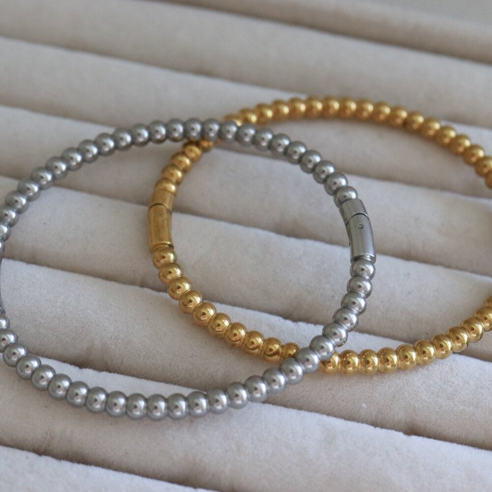 17cm 4.5mm Beads Bangle Bracelet Gold/Silver Plated Stainless Steel